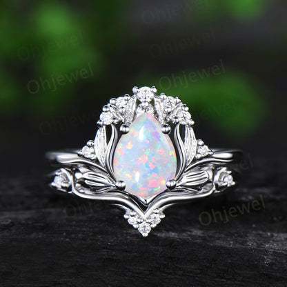 Teardrop white opal leaf engagement ring set solid 14k rose gold stacking cluster nature inspired diamond unique anniversary gift