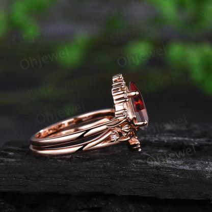 Kite cut red ruby leaf engagement ring set stacking cluster nature inspired diamond wedding ring women 14k rose gold anniversary gift