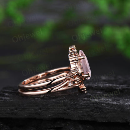 Kite cut morganite ring vintage nature inspired leaf unique engagement ring set rose gold cluster diamond promise bridal set women
