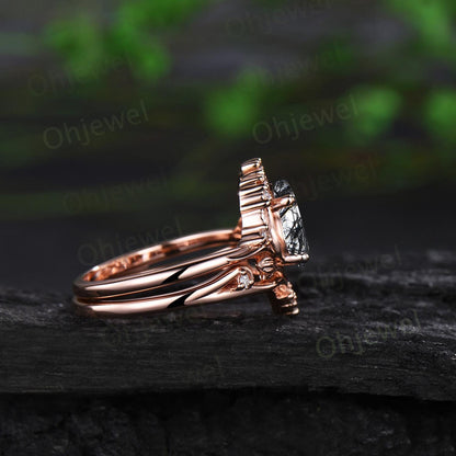 Pear shaped black rutilated quartz leaf engagement ring set 14k white gold cluster diamond nature inspired unique bridal set women gift