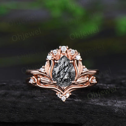 Pear shaped black rutilated quartz leaf engagement ring set 14k white gold cluster diamond nature inspired unique bridal set women gift