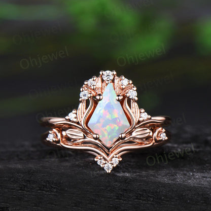 Kite cut white opal leaf engagement ring set stacking cluster nature inspired diamond anniversary wedding ring women 14k rose gold gift