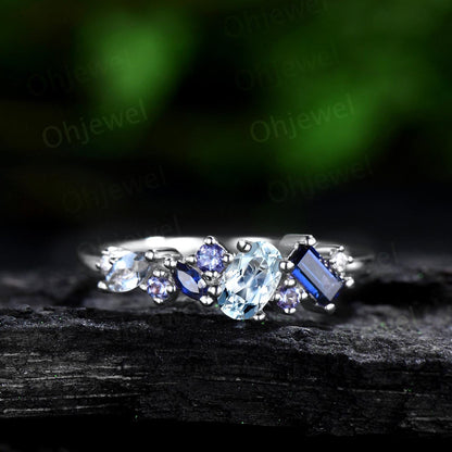 Vintage oval Aquamarine ring cluster Baguette sapphire ring dainty tanzanite ring women solid 14k rose gold anniversary wedding ring gift