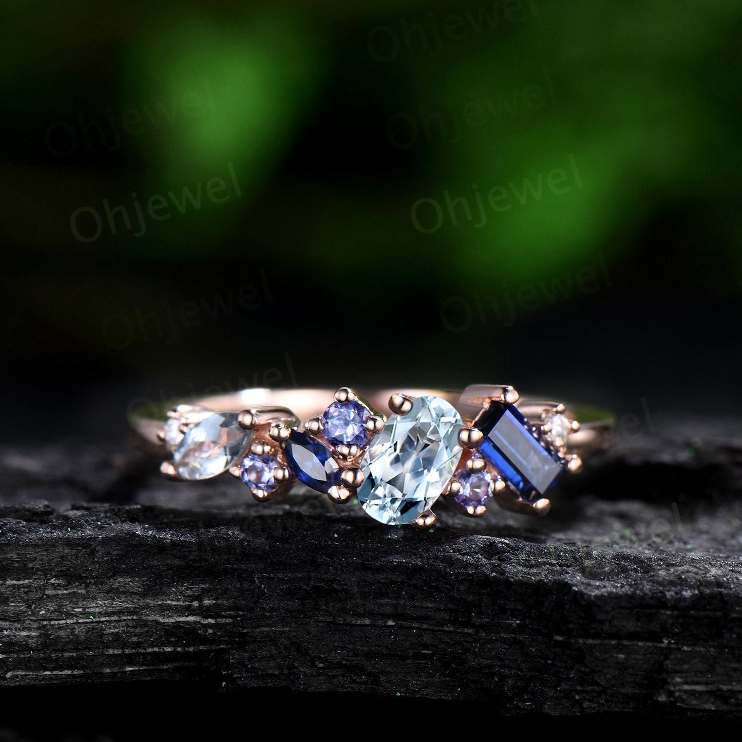 Vintage oval Aquamarine ring cluster Baguette sapphire ring dainty tanzanite ring women solid 14k rose gold anniversary wedding ring gift