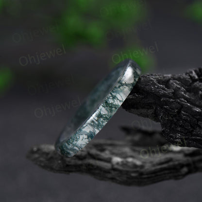 Green moss agate wedding band mens natural moss agate ring band jewelry anniversary gift for him her unique engagement ring women
