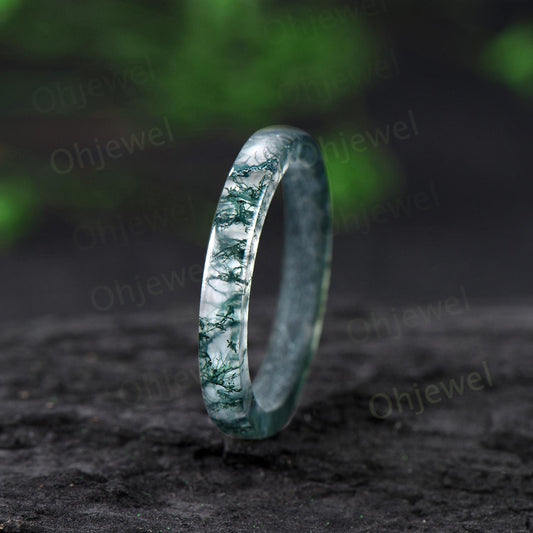 Green moss agate wedding band mens natural moss agate ring band jewelry anniversary gift for him her unique engagement ring women
