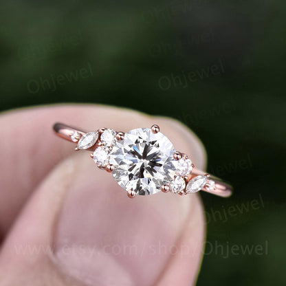 1ct round cut Lab grown diamond moissanite engagement ring solid 14k rose gold cluster snowdrift ring unique promise wedding ring women
