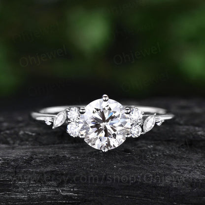 1ct round cut Lab grown diamond moissanite engagement ring solid 14k rose gold cluster snowdrift ring unique promise wedding ring women