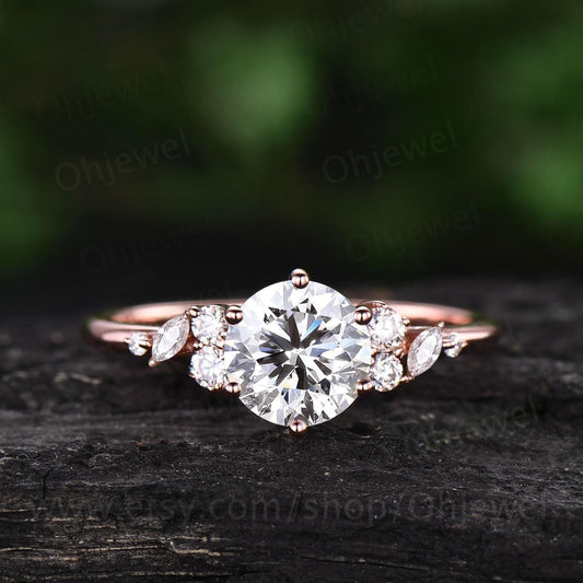 1ct round cut Lab grown diamond moissanite engagement ring solid 14k rose gold cluster snowdrift ring unique promise wedding ring women