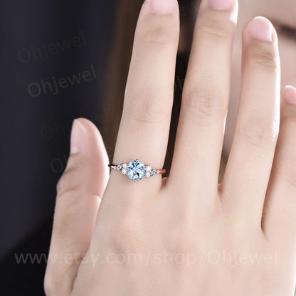 1ct round cut natural aquamarine ring white gold  cluster snowdrift unique engagement ring women 6 prong promise ring her jewelry