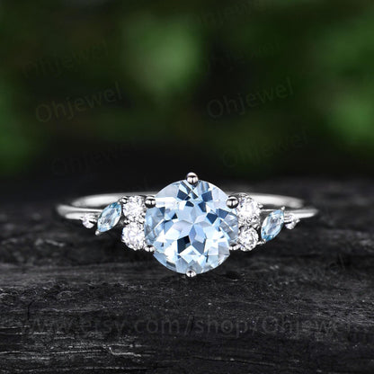 1ct round cut natural aquamarine ring white gold  cluster snowdrift unique engagement ring women 6 prong promise ring her jewelry