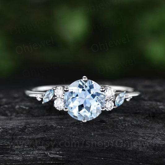 1ct round cut natural aquamarine ring white gold  cluster snowdrift unique engagement ring women 6 prong promise ring her jewelry