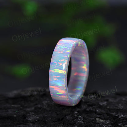 5mm White opal wedding band mens fire opal ring band anniversary gift for him her unique engagement ring women October birthstone ring