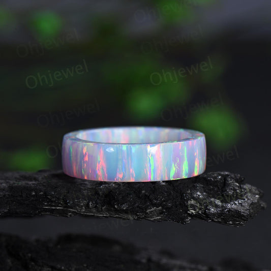 5mm White opal wedding band mens fire opal ring band anniversary gift for him her unique engagement ring women October birthstone ring