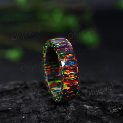 Vintage black fire opal wedding band mens full eternity dainty opal engagement ring women October birthstone anniversary gift for him her