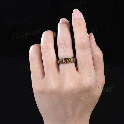 Vintage black fire opal wedding band mens full eternity dainty opal engagement ring women October birthstone anniversary gift for him her