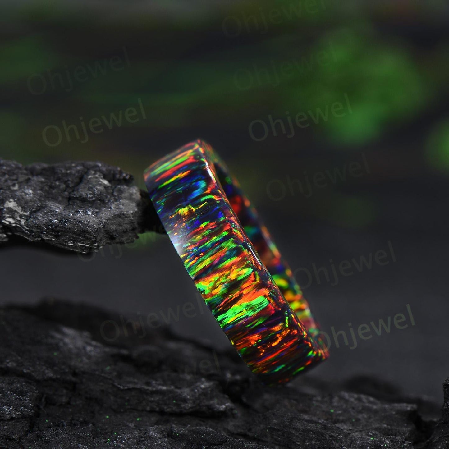 Vintage black fire opal wedding band mens full eternity dainty opal engagement ring women October birthstone anniversary gift for him her