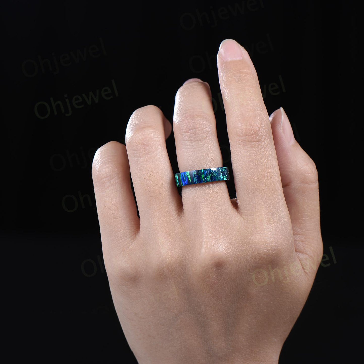 Vintage black opal wedding band mens full eternity dainty blue opal engagement ring women October birthstone anniversary gift for him her