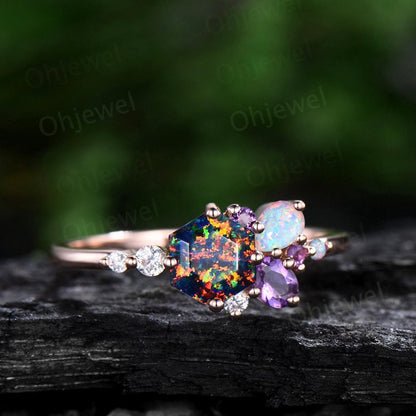Hexagon cut black fire opal ring rose gold cluster unique engagement ring opal amethyst multi stone ring silver delicate wedding gift women