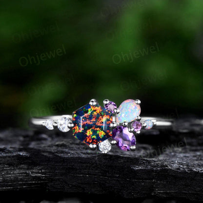 Hexagon cut black fire opal ring rose gold cluster unique engagement ring opal amethyst multi stone ring silver delicate wedding gift women