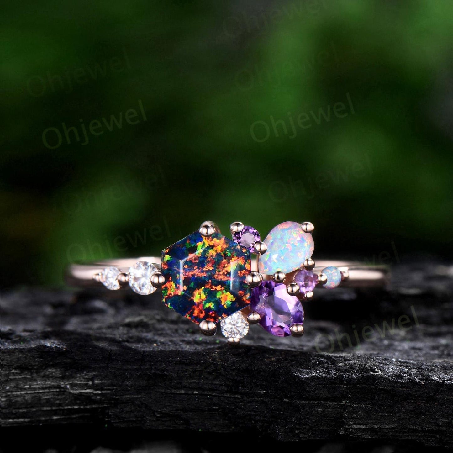Hexagon cut black fire opal ring rose gold cluster unique engagement ring opal amethyst multi stone ring silver delicate wedding gift women