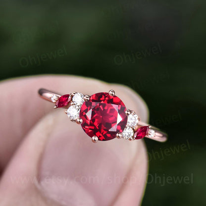 1ct round cut red ruby ring rose gold cluster snowdrift unique engagement ring women 6 prong promise ring her jewelry