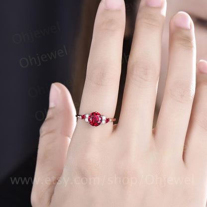 1ct round cut red ruby ring rose gold cluster snowdrift unique engagement ring women 6 prong promise ring her jewelry