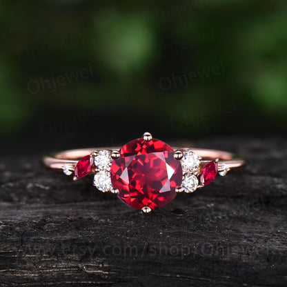 1ct round cut red ruby ring rose gold cluster snowdrift unique engagement ring women 6 prong promise ring her jewelry