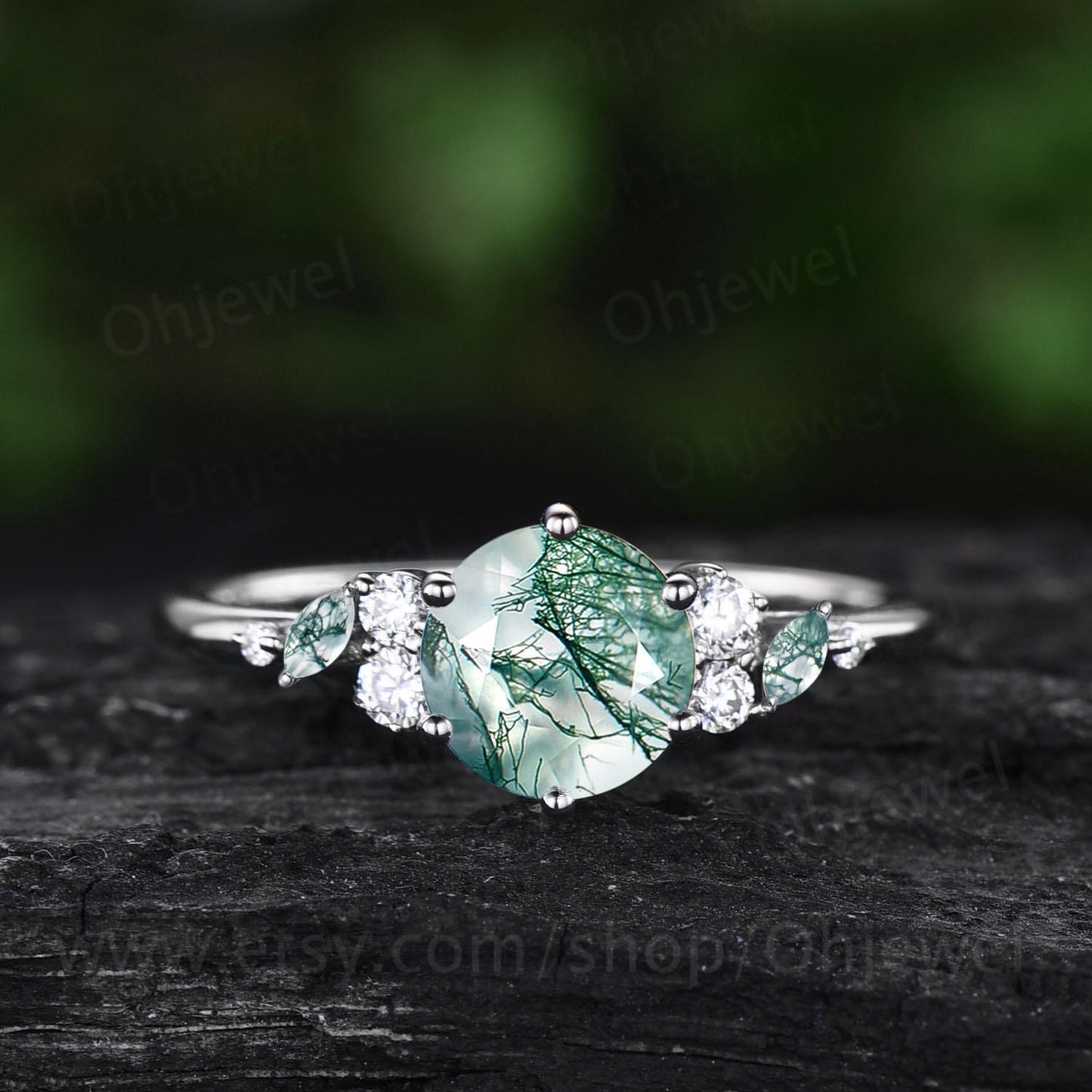 1ct round cut moss agate ring rose gold cluster snowdrift unique engagement ring women 6 prong promise ring her jewelry