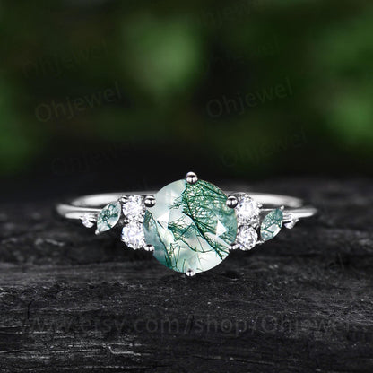 1ct round cut moss agate ring rose gold cluster snowdrift unique engagement ring women 6 prong promise ring her jewelry