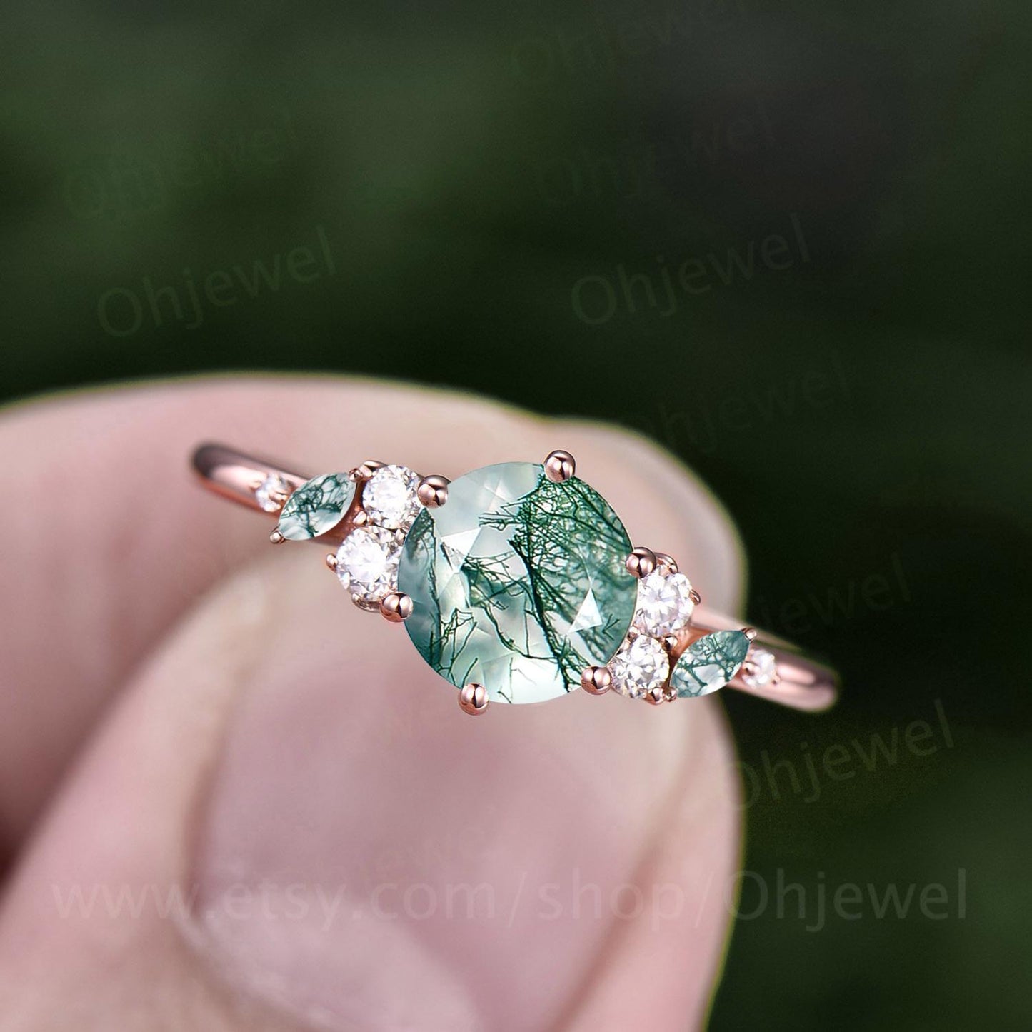 1ct round cut moss agate ring rose gold cluster snowdrift unique engagement ring women 6 prong promise ring her jewelry