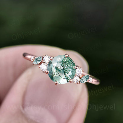 1ct round cut moss agate ring rose gold cluster snowdrift unique engagement ring women 6 prong promise ring her jewelry