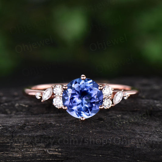 1ct round cut natural Tanzanite ring solid 18k rose gold cluster snowdrift unique engagement ring women diamond promise ring her jewelry