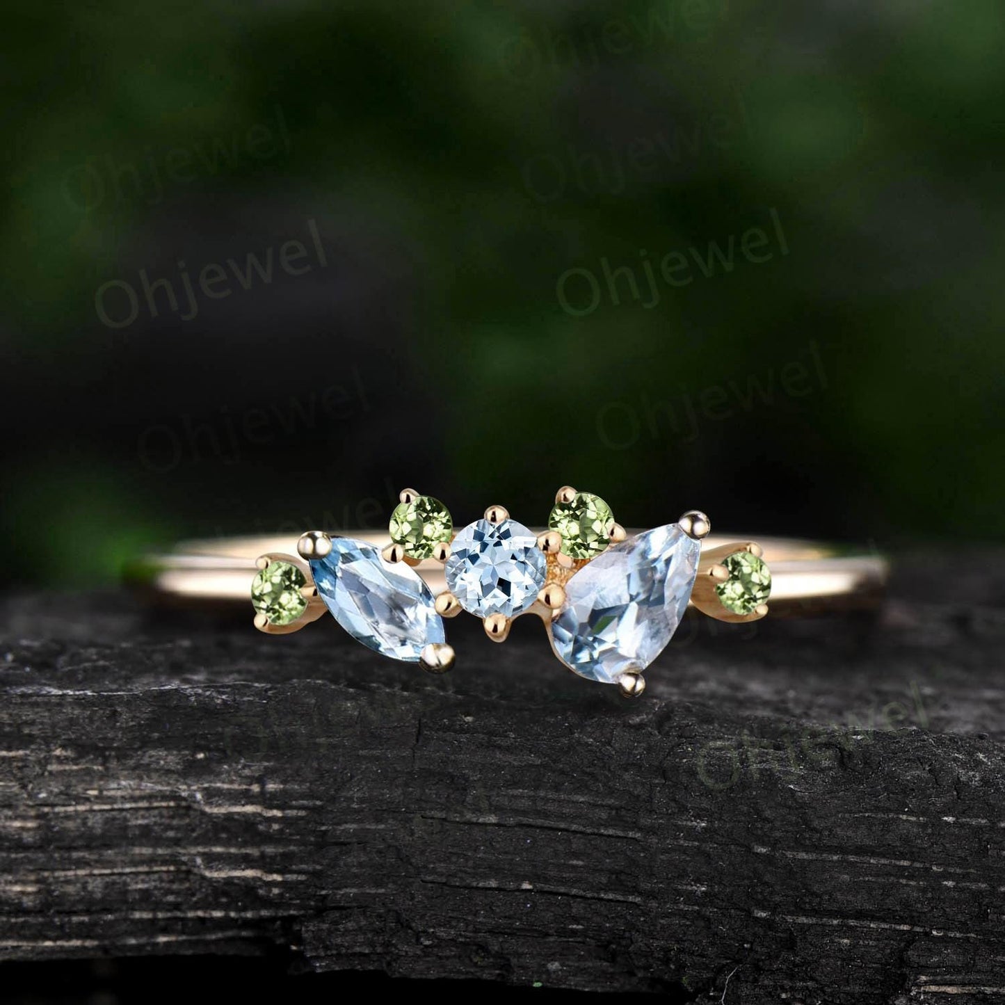 Pear Aquamarine ring 14k yellow gold snowdrift cluster opal wedding band dainty anniversary wedding ring gift for women jewelry
