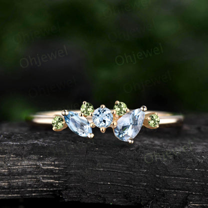 Pear Aquamarine ring 14k yellow gold snowdrift cluster tanzanite wedding band dainty anniversary wedding ring gift for women jewelry