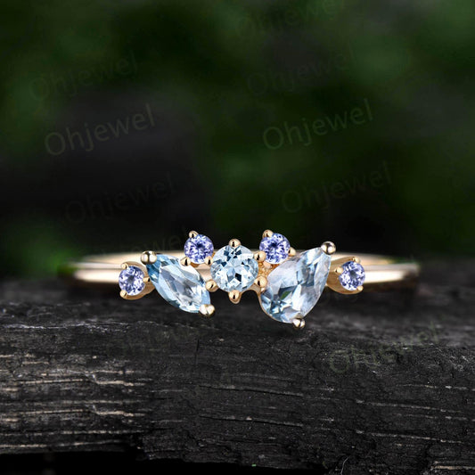 Pear Aquamarine ring 14k yellow gold snowdrift cluster tanzanite wedding band dainty anniversary wedding ring gift for women jewelry