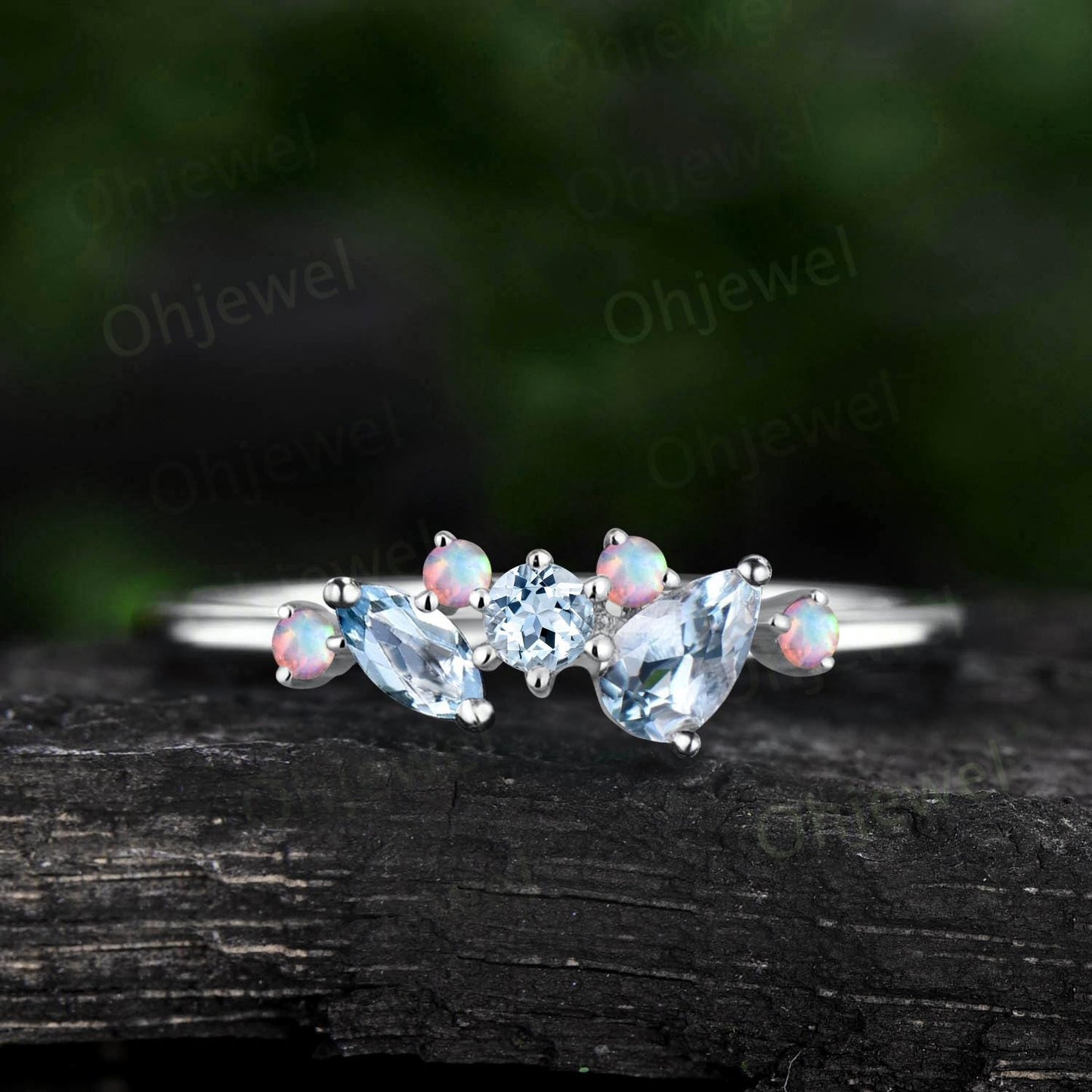 Pear Aquamarine ring 14k yellow gold snowdrift cluster opal wedding band dainty anniversary wedding ring gift for women jewelry