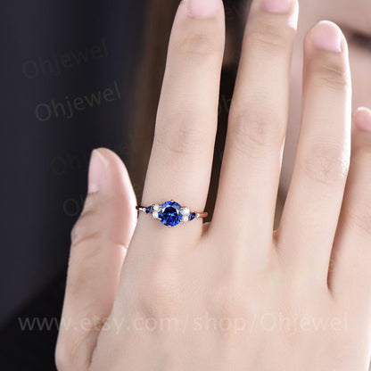 Unique 1ct round cut blue sapphire engagement ring solid 14k white gold cluster snowdrift diamond promise ring women her wedding ring silver
