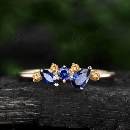 Pear sapphire ring 14k yellow gold snowdrift cluster opal wedding band dainty unique anniversary wedding ring gift for women jewelry