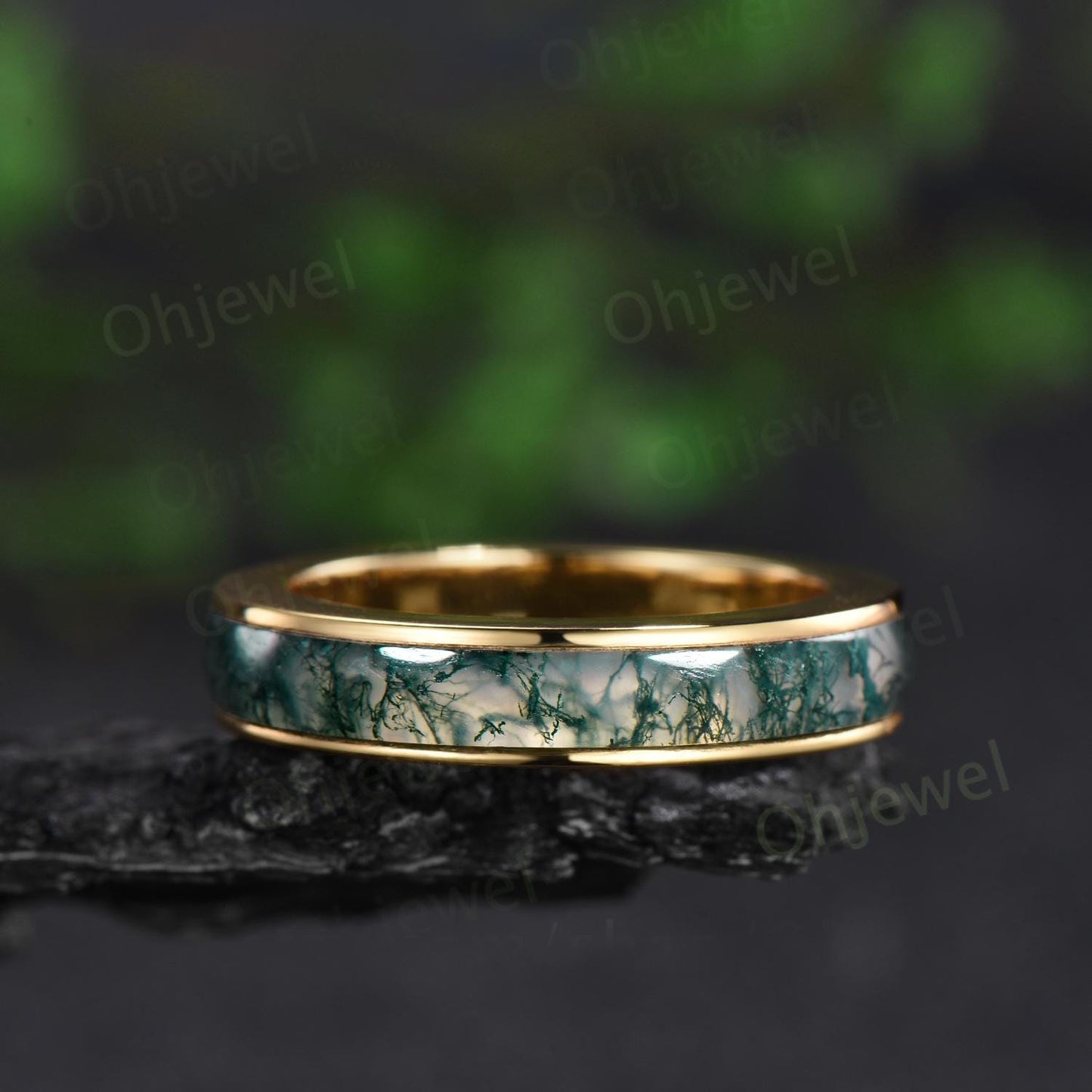 Full eternity natural moss agate wedding band mens solid 10k 14k yellow gold ring unique engagement promise ring for husband