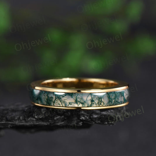Full eternity natural moss agate wedding band mens solid 10k 14k yellow gold ring unique engagement promise ring for husband