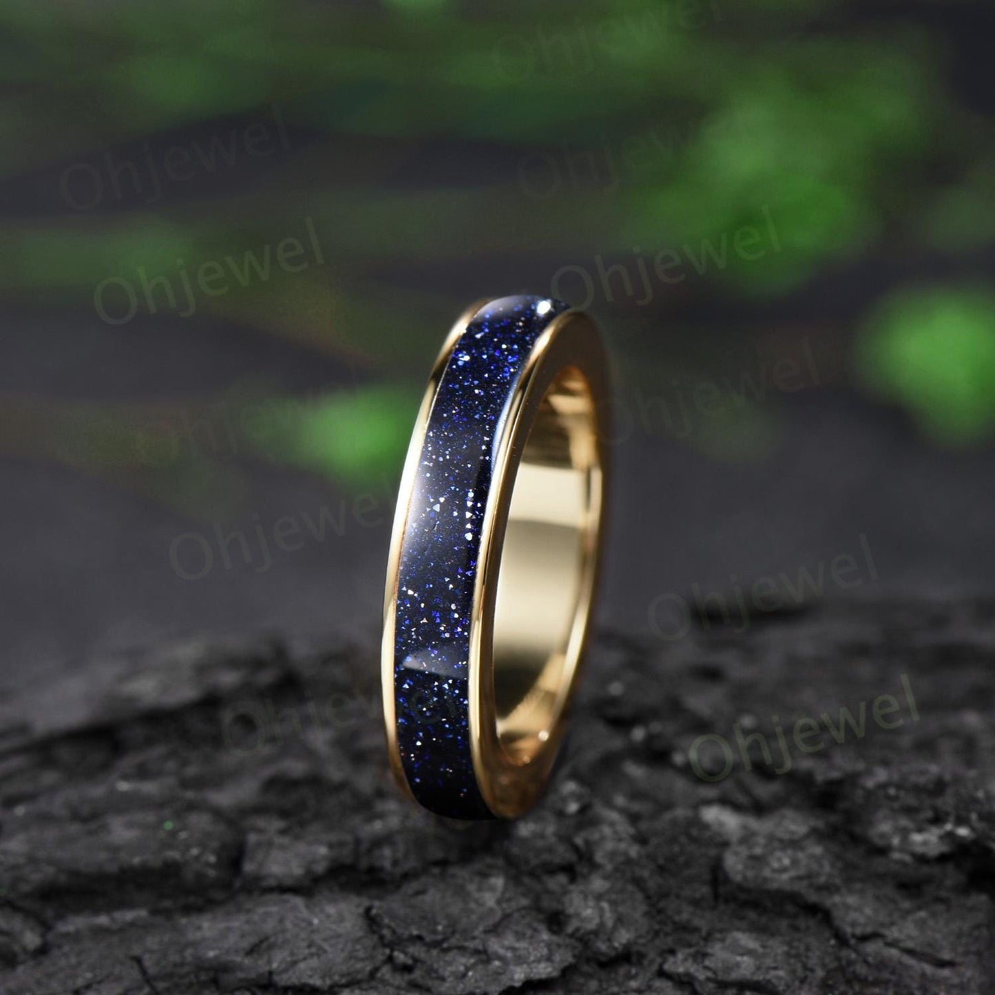 Full eternity blue sandstone wedding band mens solid 10k 14k yellow gold ring blue goldstone unique engagement bridal ring for husband