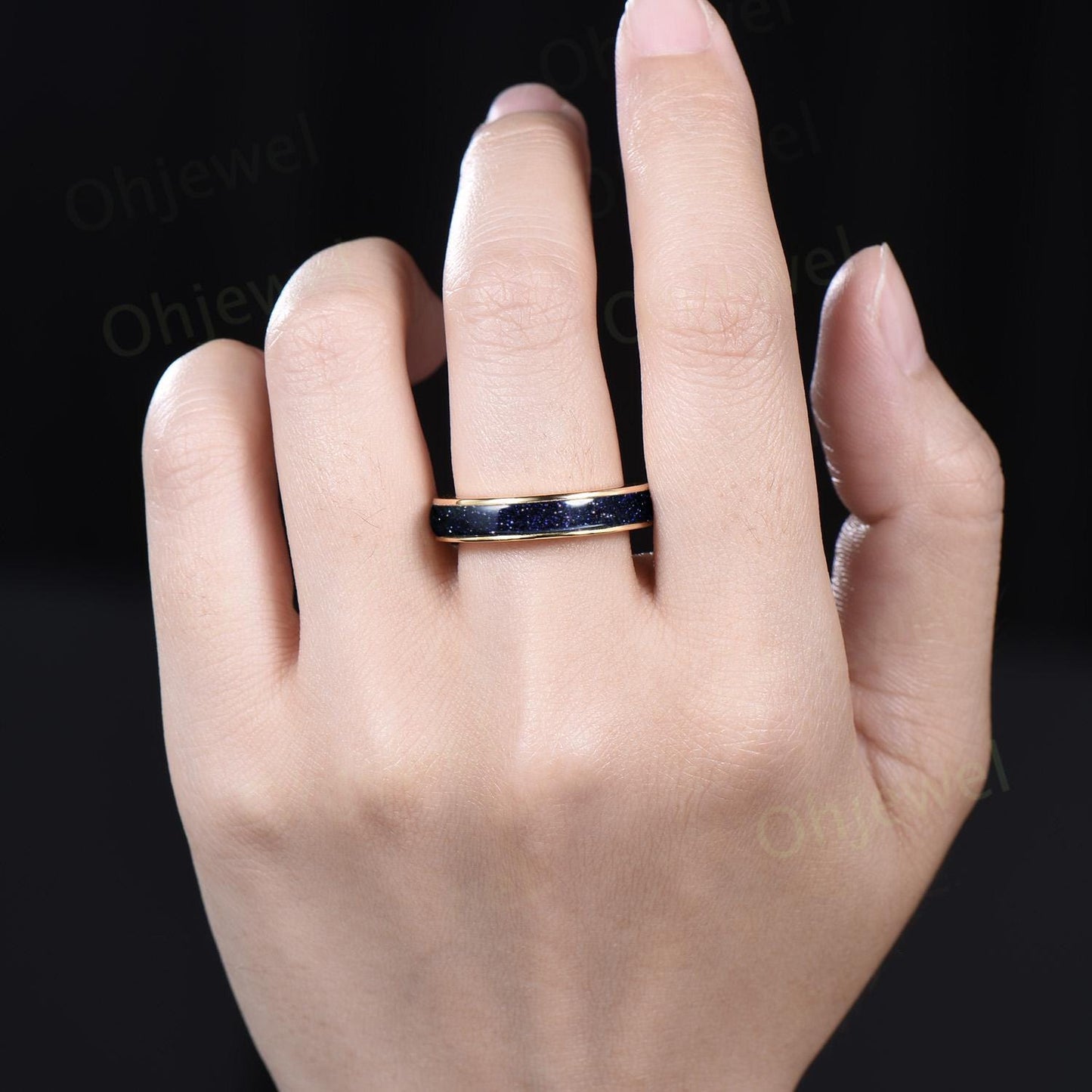 Full eternity blue sandstone wedding band mens solid 10k 14k yellow gold ring blue goldstone unique engagement bridal ring for husband