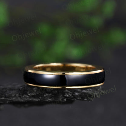Full eternity black onyx wedding band mens solid 10k 14k yellow gold ring unique engagement bridal ring for husband black gemstone ring