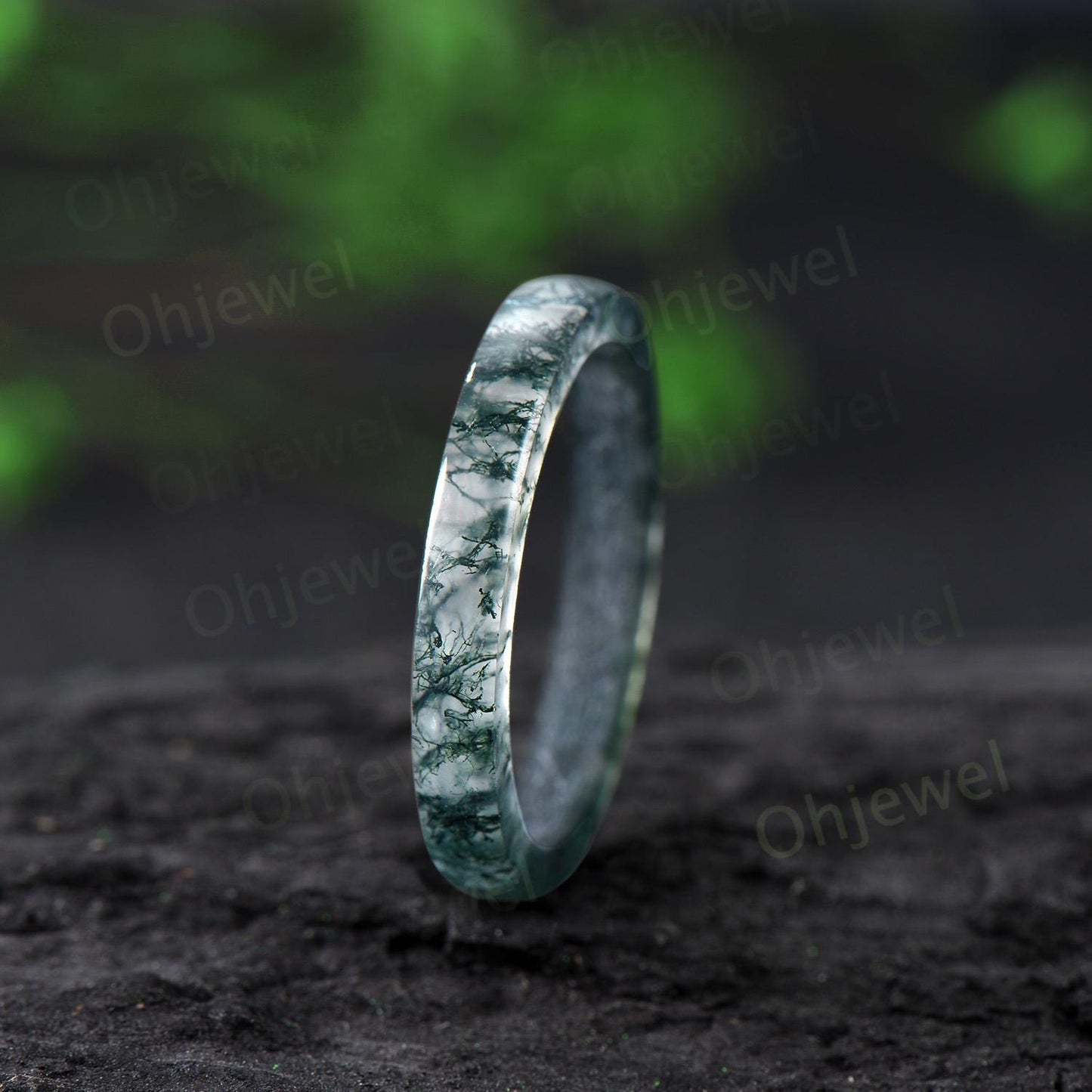 Green moss agate wedding band mens natural moss agate ring band jewelry anniversary gift for him her unique engagement ring women