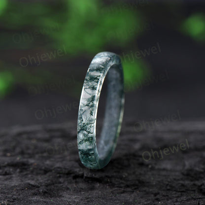 Green moss agate wedding band mens natural moss agate ring band jewelry anniversary gift for him her unique engagement ring women