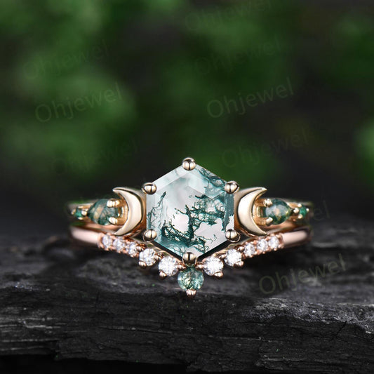 Hexagon cut green moss agate ring 14k yellow gold five stone moon unique engagement ring emerald bridal wedding ring set women jewelry gift