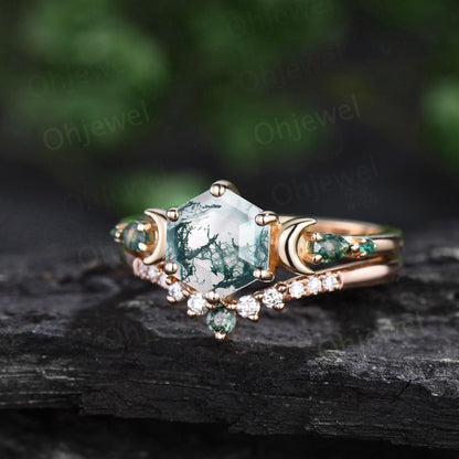 Hexagon cut green moss agate ring 14k yellow gold five stone moon unique engagement ring emerald bridal wedding ring set women jewelry gift