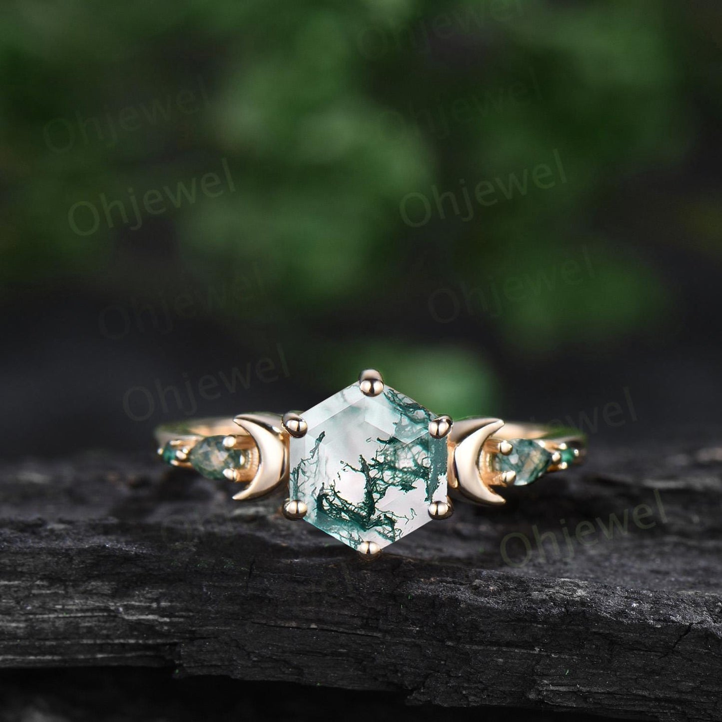 Hexagon cut green moss agate ring 14k yellow gold five stone moon unique engagement ring emerald bridal wedding ring set women jewelry gift