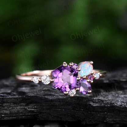 Hexagon cut purple amethyst ring rose gold cluster unique engagement ring opal multi stone ring silver delicate anniversary gift women